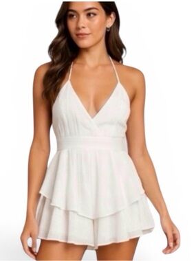 Princess Polly White Halter Ruffle Romper Bridal Shower Bachelorette